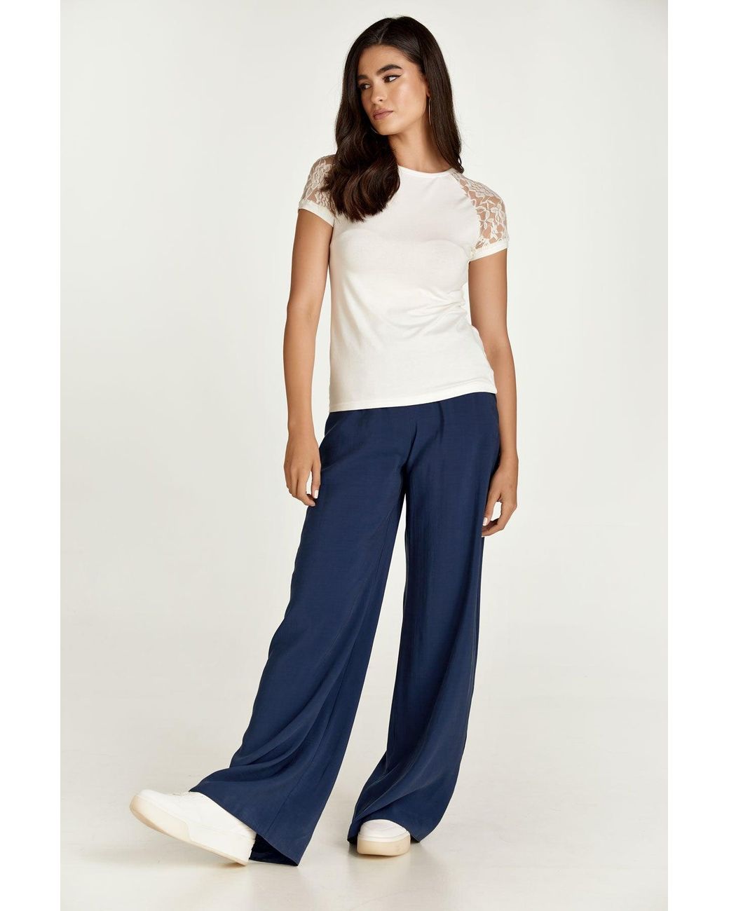 Conquista White Neutrals Ecru Top With Short Lace Sleeves