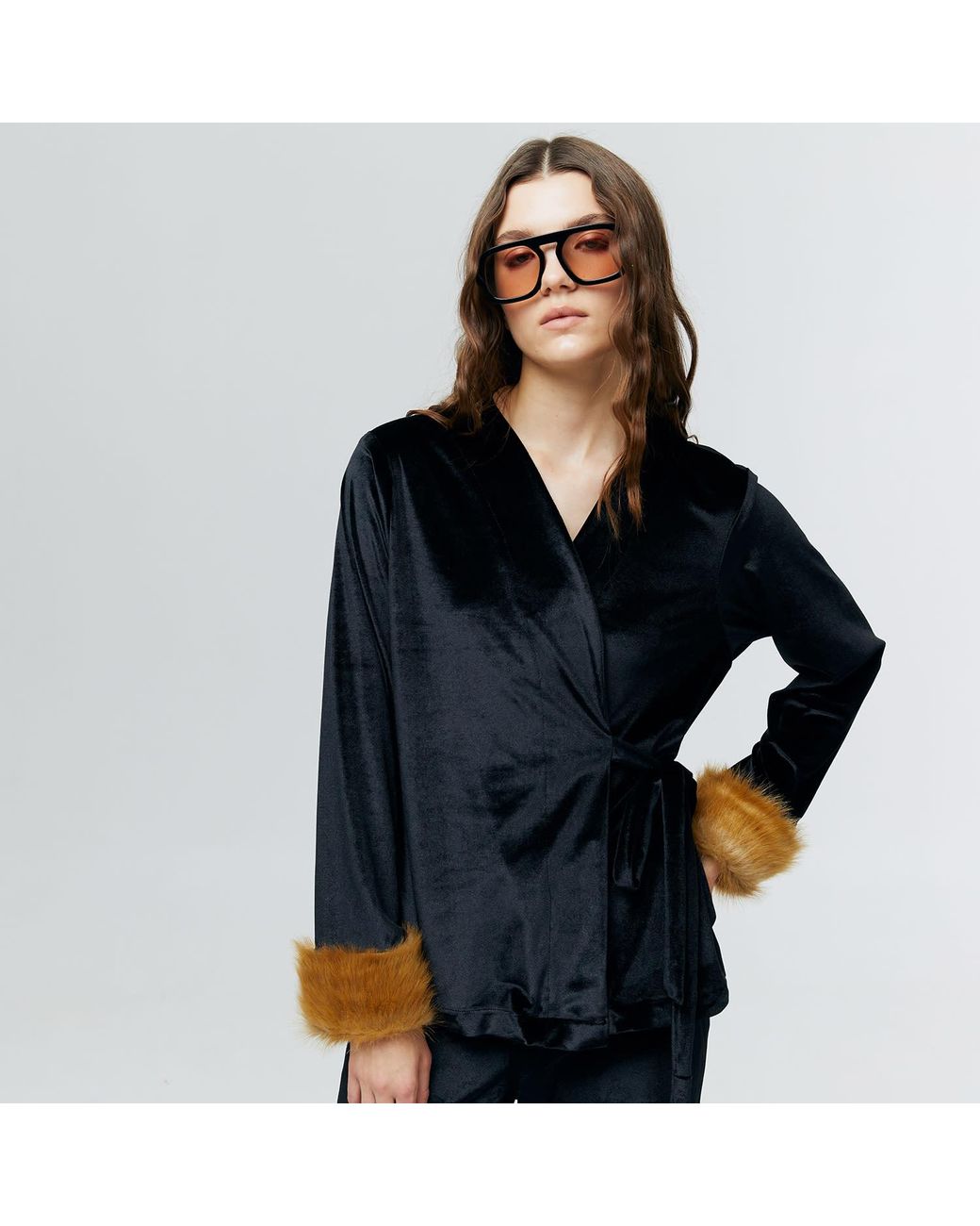 Ats the Label Black Aurielle Velvet Fur Cuff Top