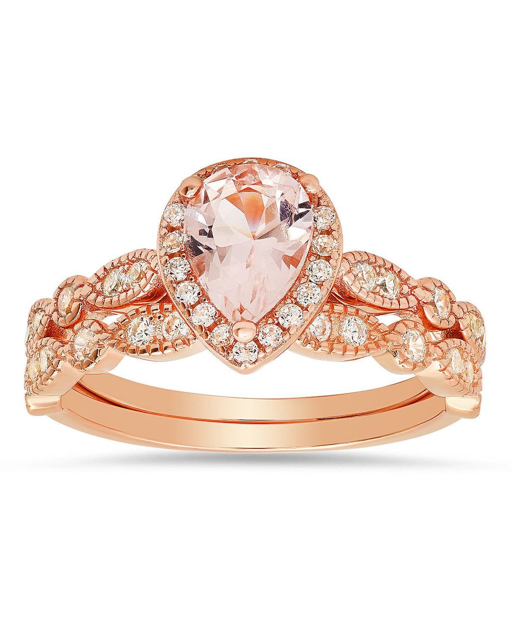 Kylie Harper Pink Pear Cut Morganite Halo Stackable Ring Set