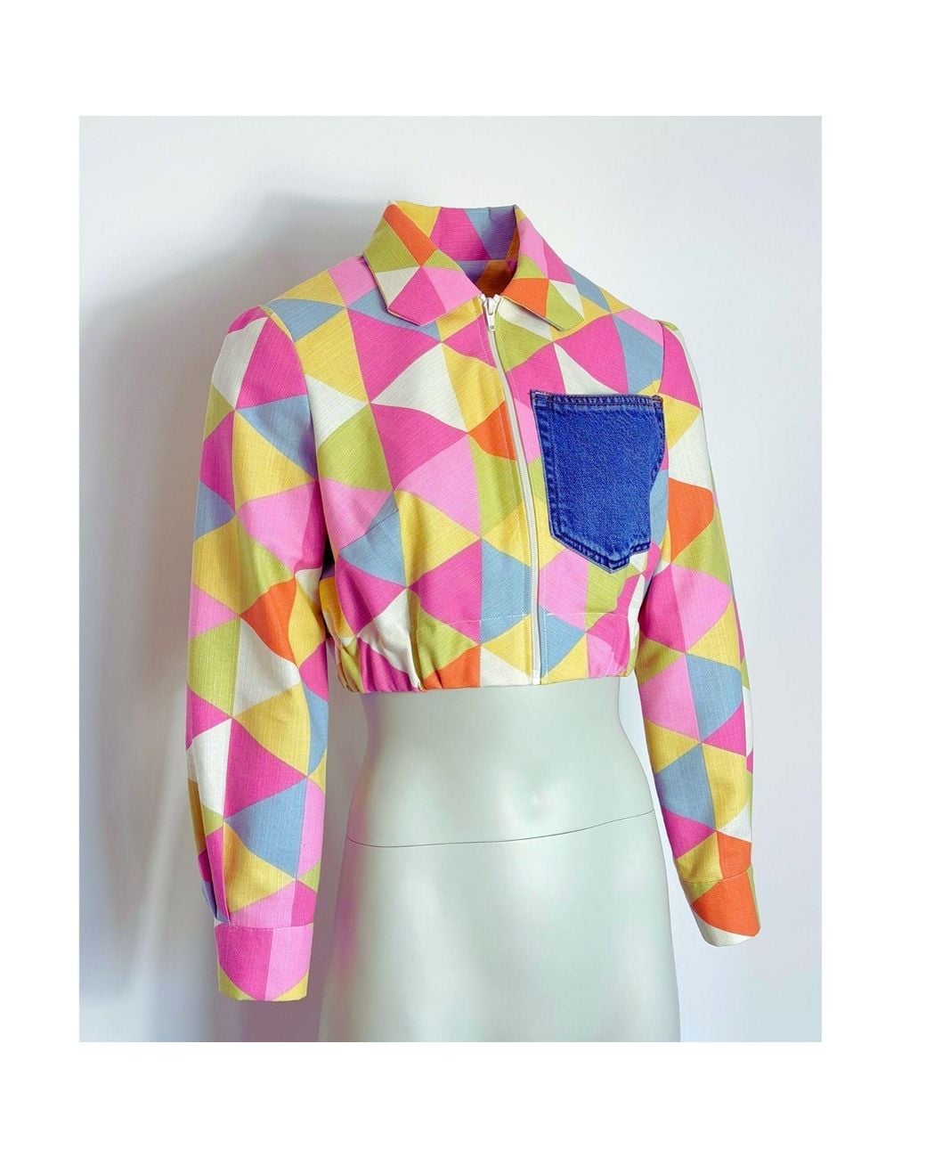 Couture to Your Door Pink Pastel Geometric Upcycled Cropped Jacket