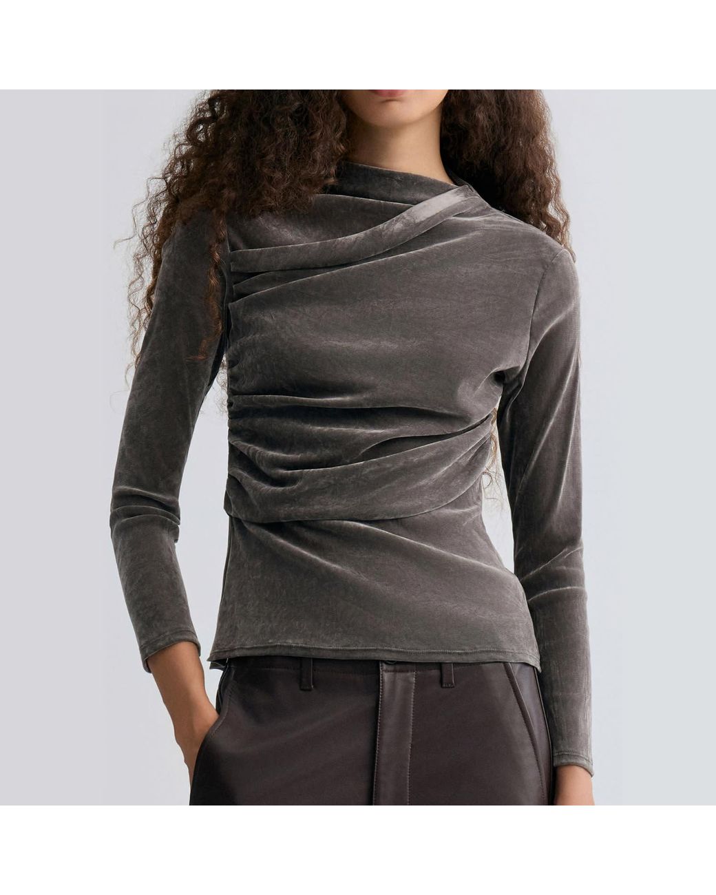 FRONT ROW SHOP Gray Velvet Mesh Asymmetric Draped Top