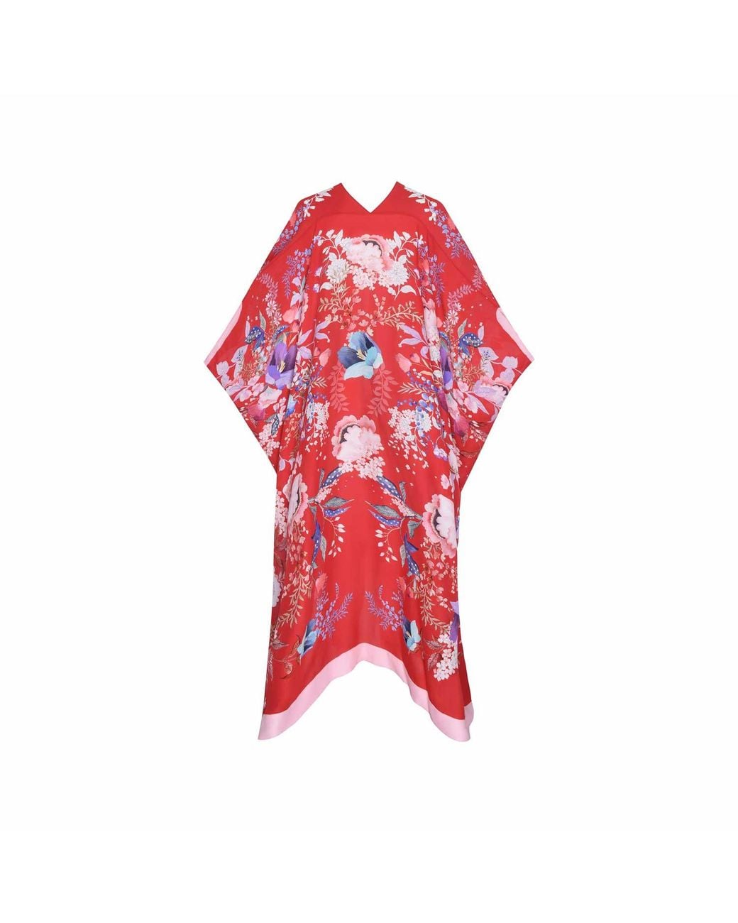 Meng Red Watercolour Flowers Silk Georgette Kaftan