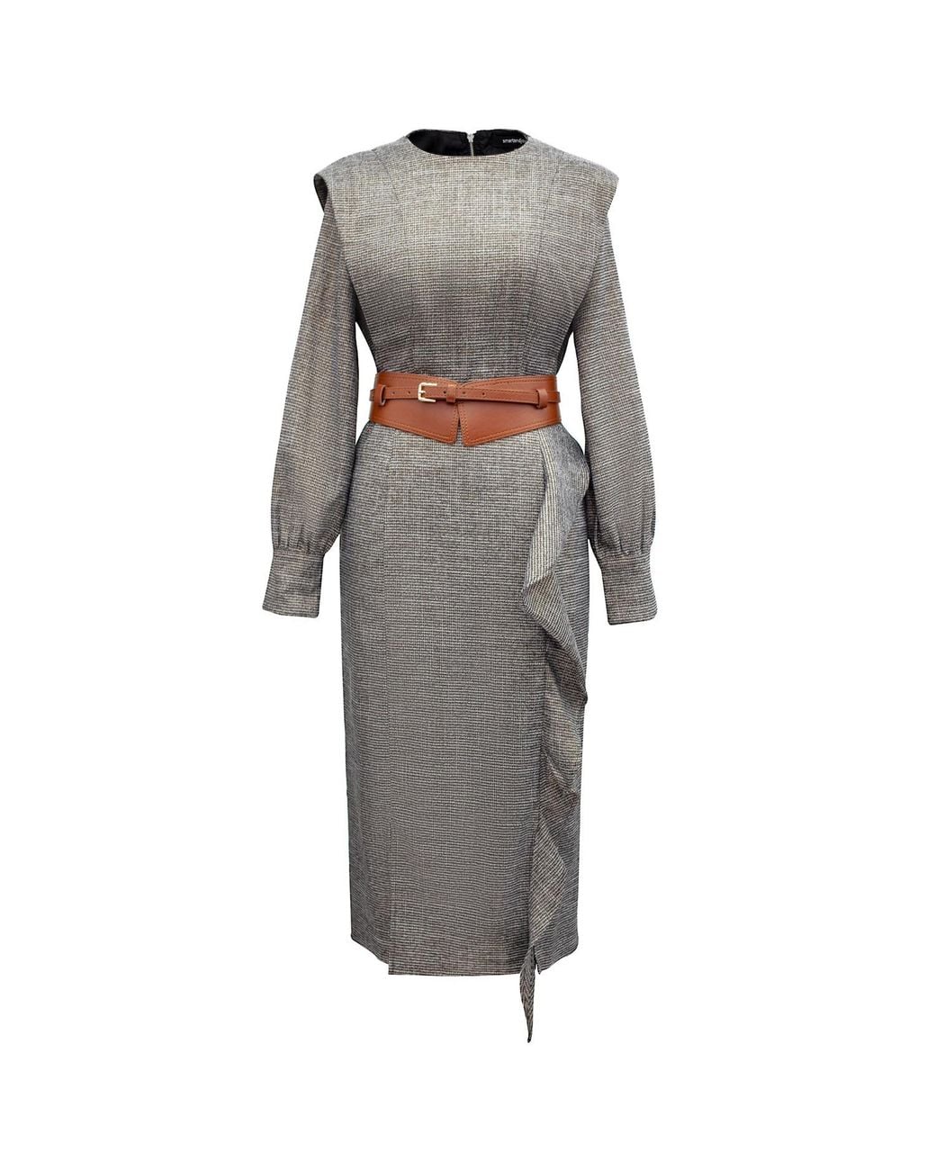 Smart and Joy Gray Tailor Dress With Wide Shoulder And Vertical Ruffle