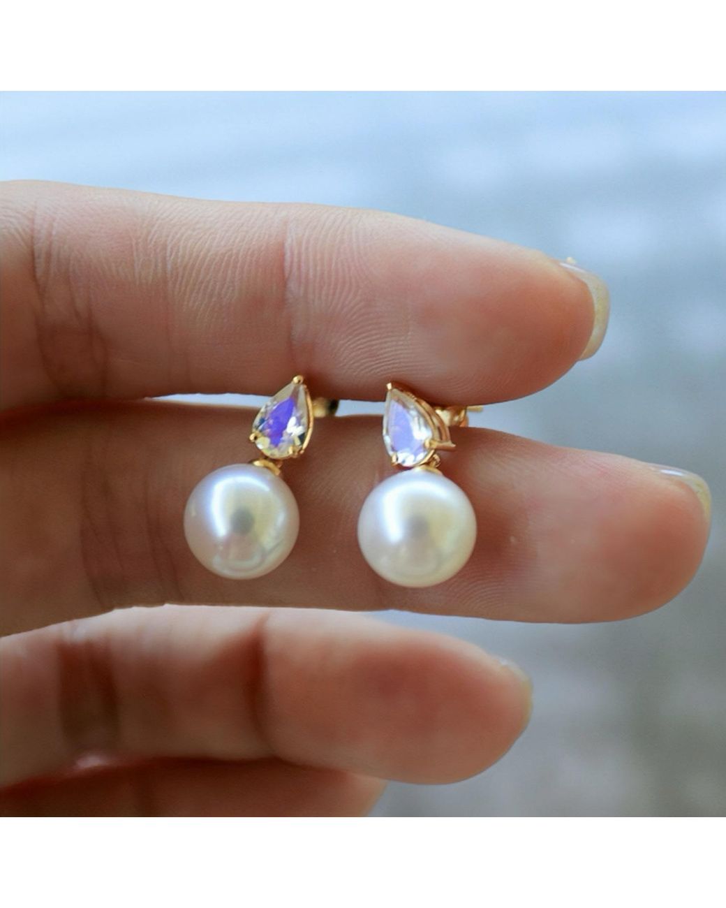 Kai Fine Jewelry Blue Solid Natural Moonstone & Freshwater Pearl Venus Tears Convertible Earrings