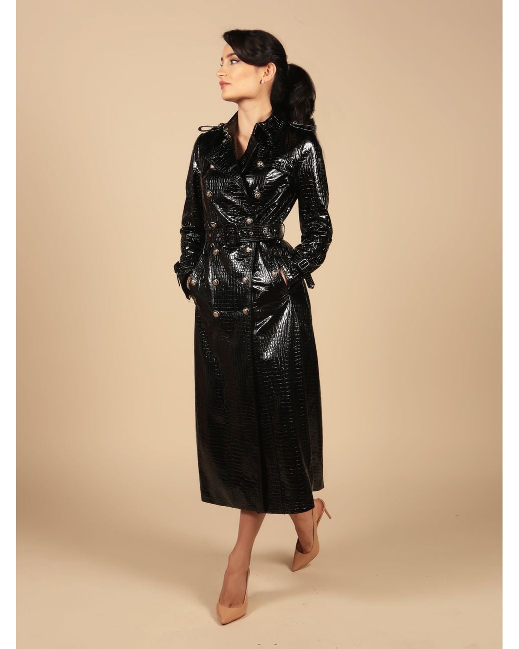 Santinni Black Indiscreet Embossed Leather Trench Coat
