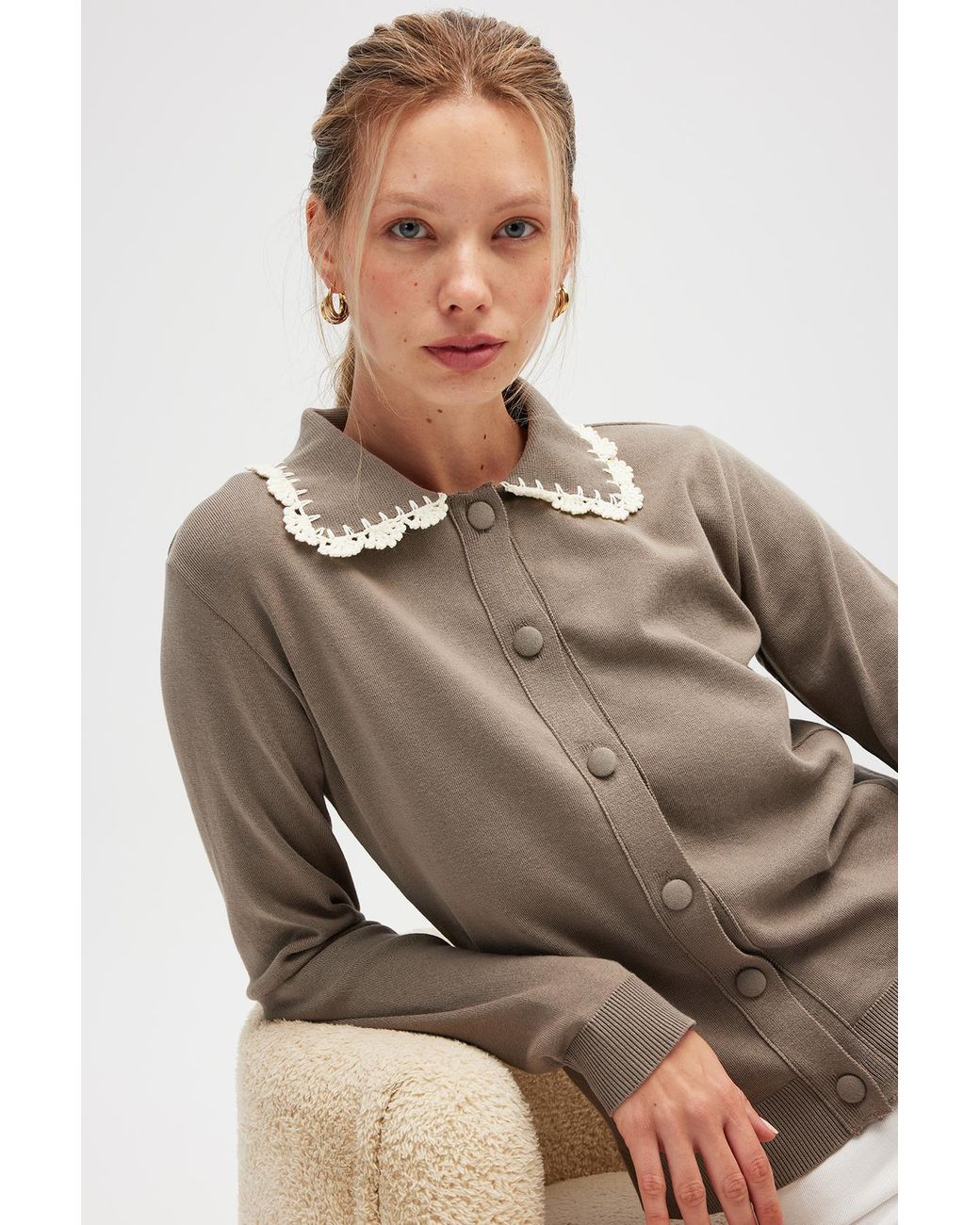 Peraluna Natural Laila Flat Knit Polo-Neck Cardigan