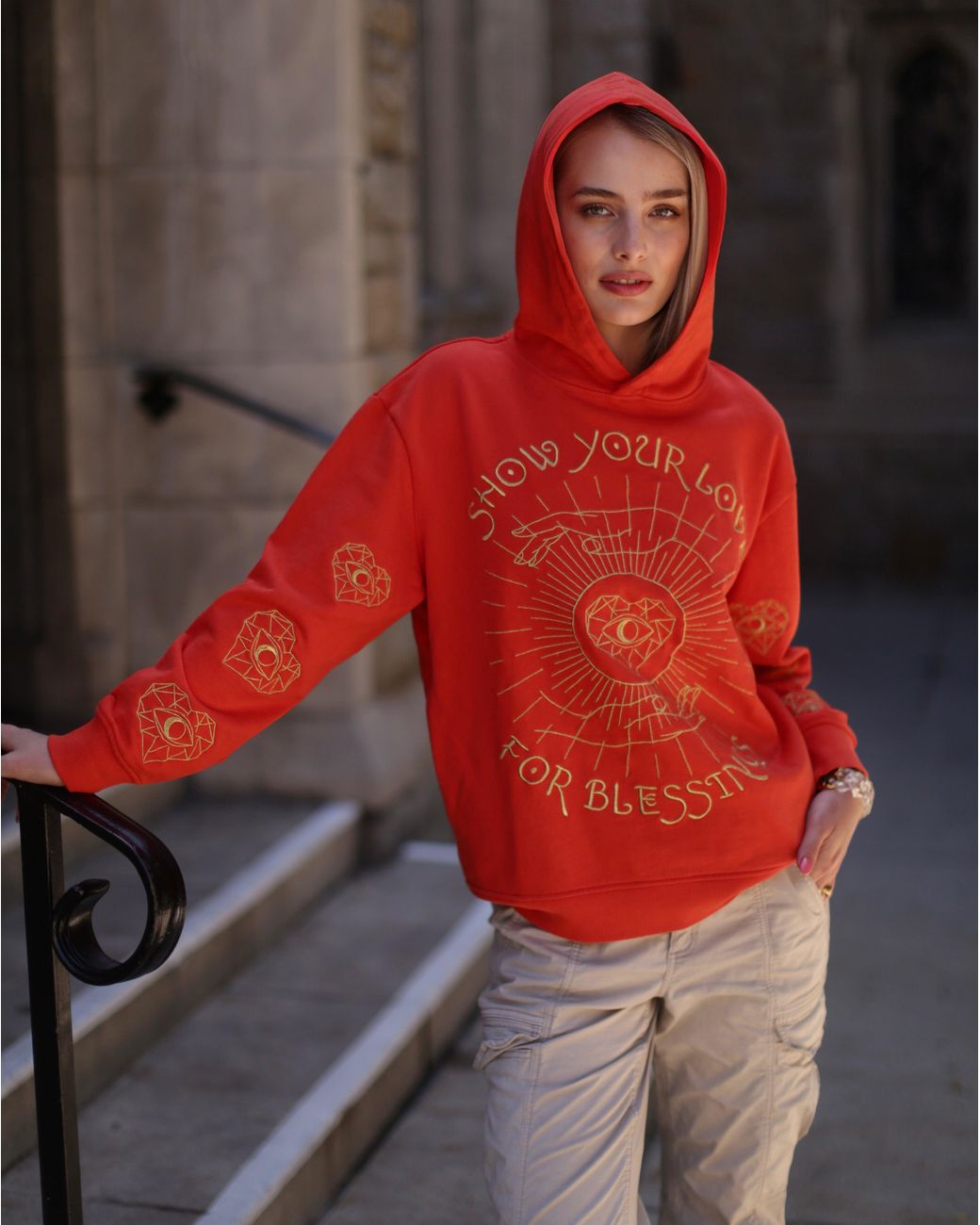 Miracles Manifester Orange Show Your Love Affirmation Embroidered Hoodie
