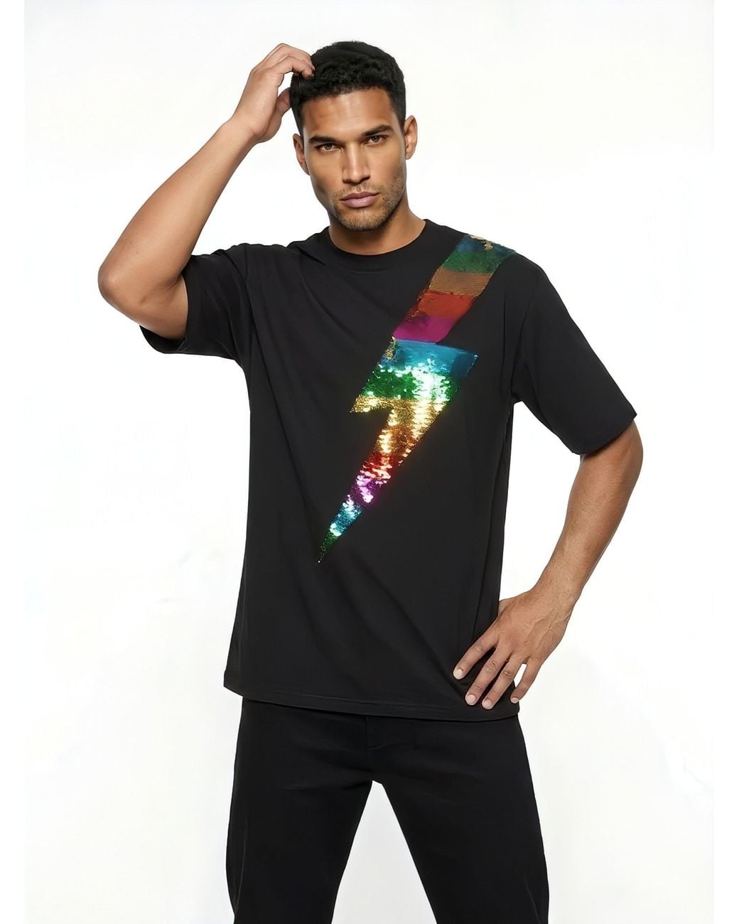 Any Old Iron Black Sequin Lightning T-Shirt for men