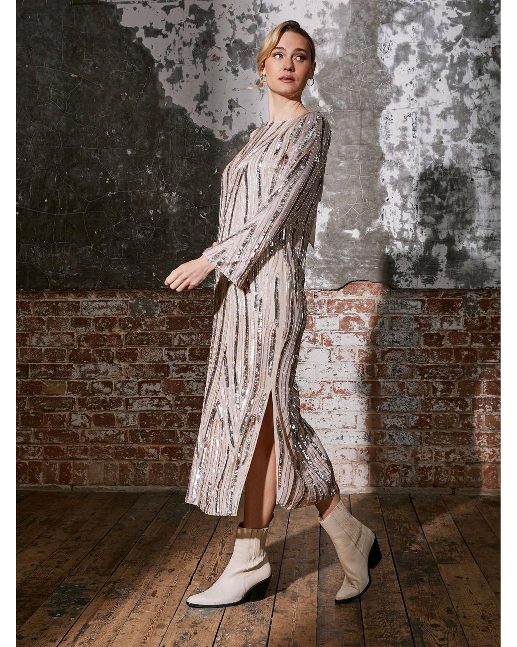 Rose & Nancy Pearl Beaded Midi Dress in Natural