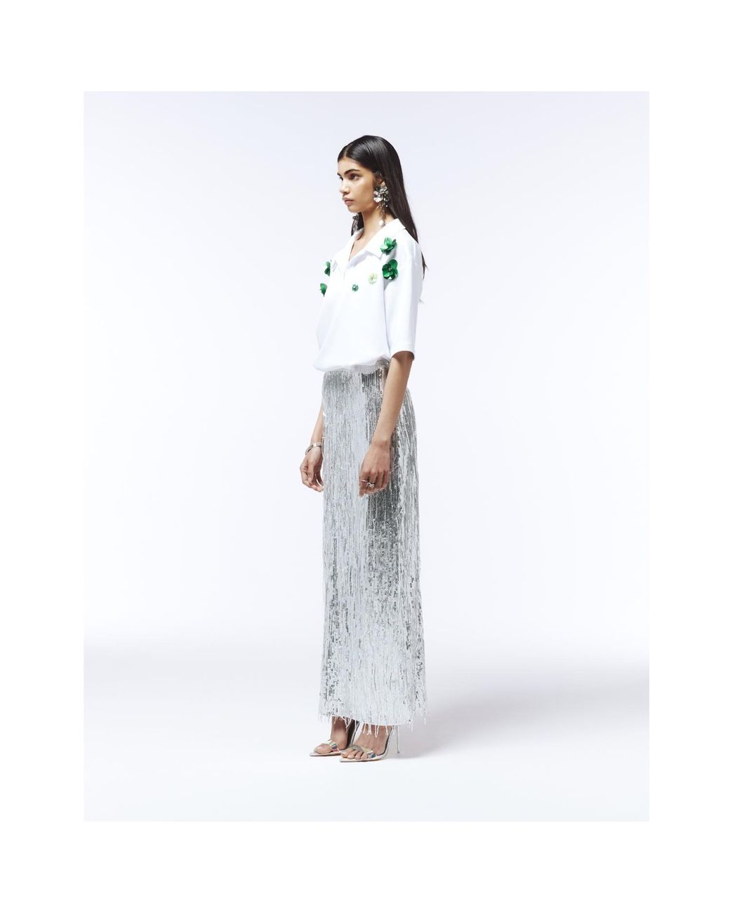 Sour Figs Gray Fringed Sequin Maxi Skirt