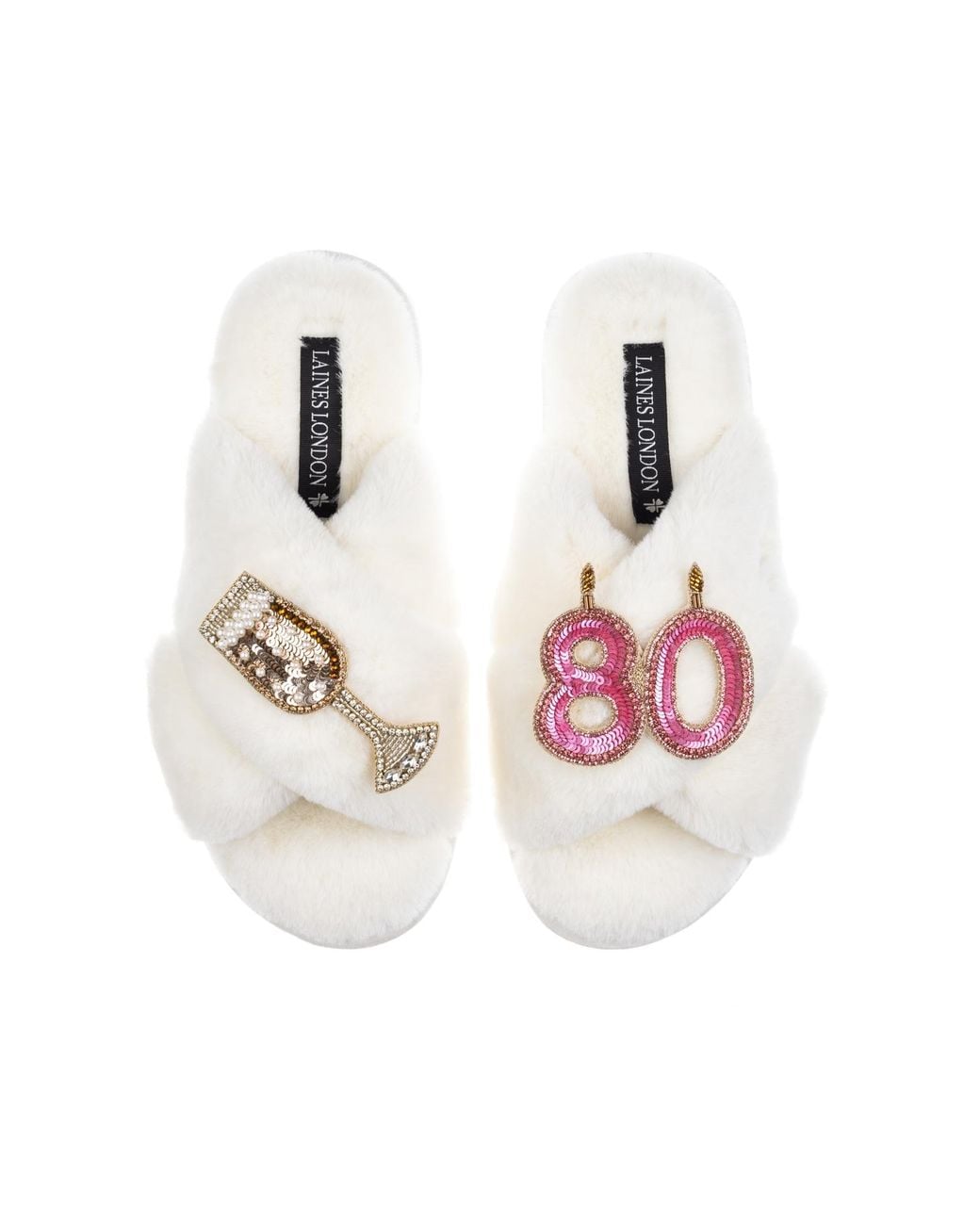 Laines London Pink Classic Laines Slippers With 80Th Birthday & Champagne Glass Brooches