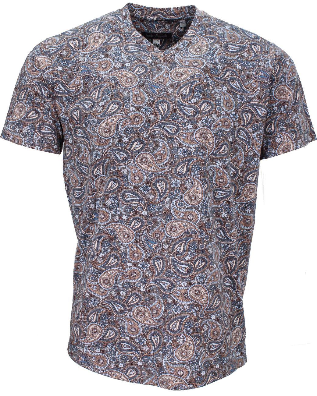 Lords of Harlech Blue Neutrals Maze Trippy Paisley V-Neck Tee for men
