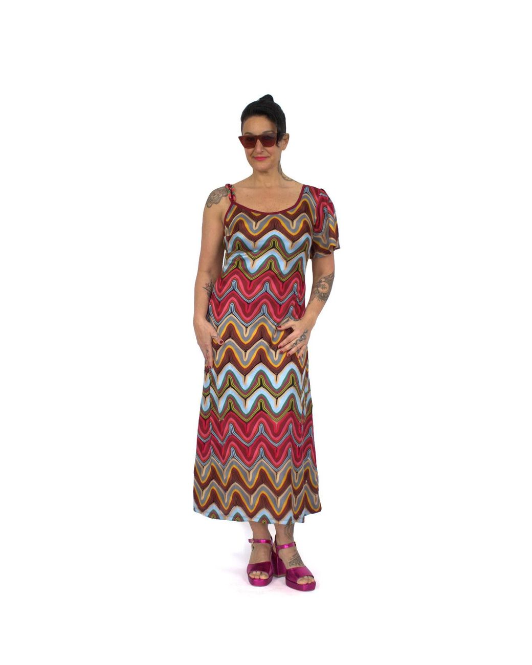 Lalipop Design Red One-Shoulder Multi-Color Knitted Maxi Dress