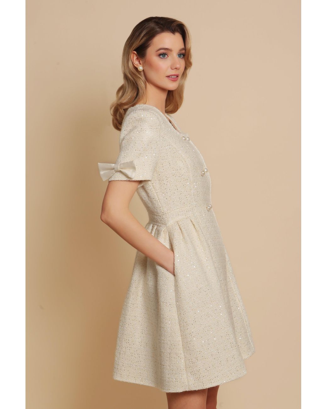 Santinni Natural Golden Age Wool Tweed Dress Coat
