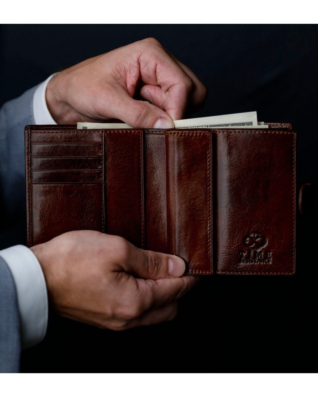 Time Resistance Brown Leather Bifold Wallet With A Snap Closure for men