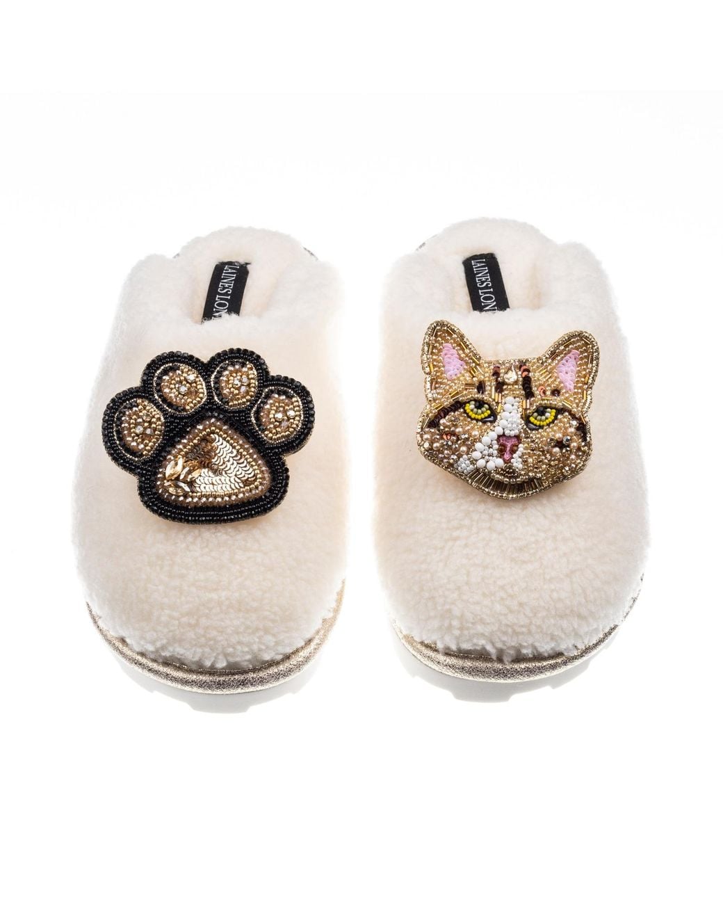 Laines London Metallic Teddy Closed Toe Slippers With Tabby Cat & Paw Brooches