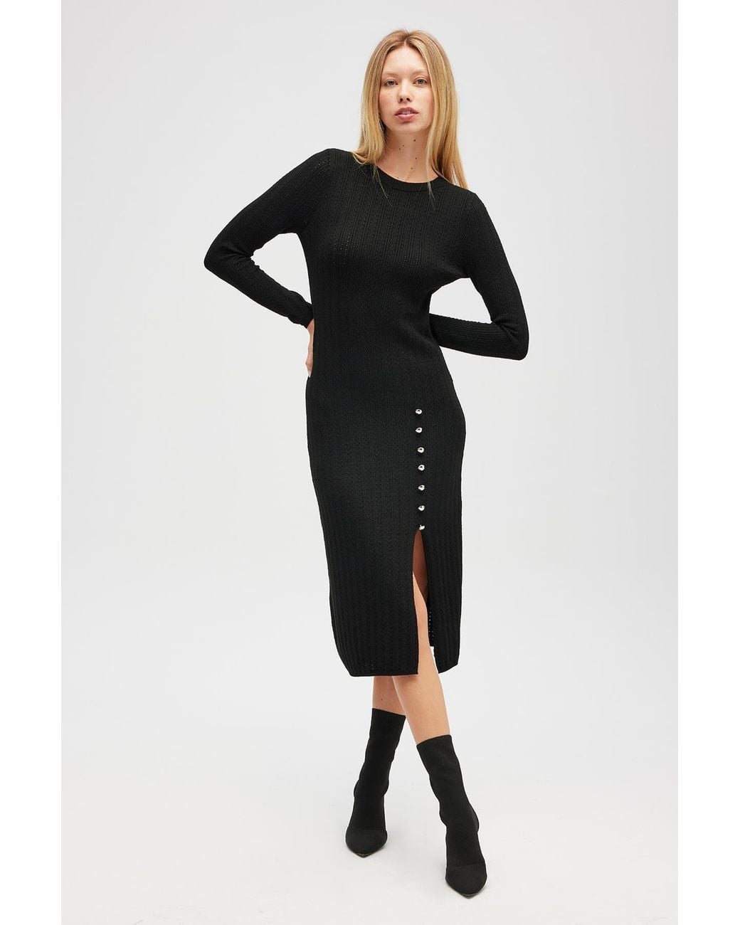 Peraluna Black Zaira Minimal Cable Knit Slit Midi Dress