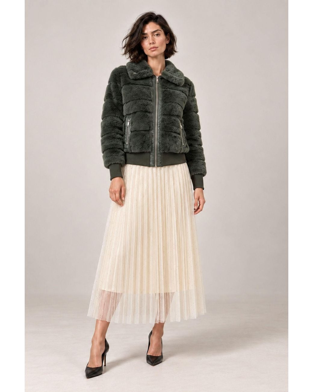 James Lakeland Green Panelled Faux Fur Jacket