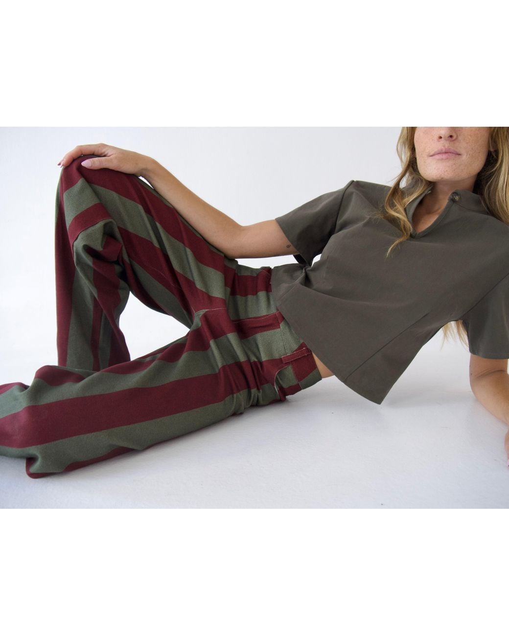 Mind Traveler Red Burgundy & Khaki Striped Clarissa Balloon Jeans