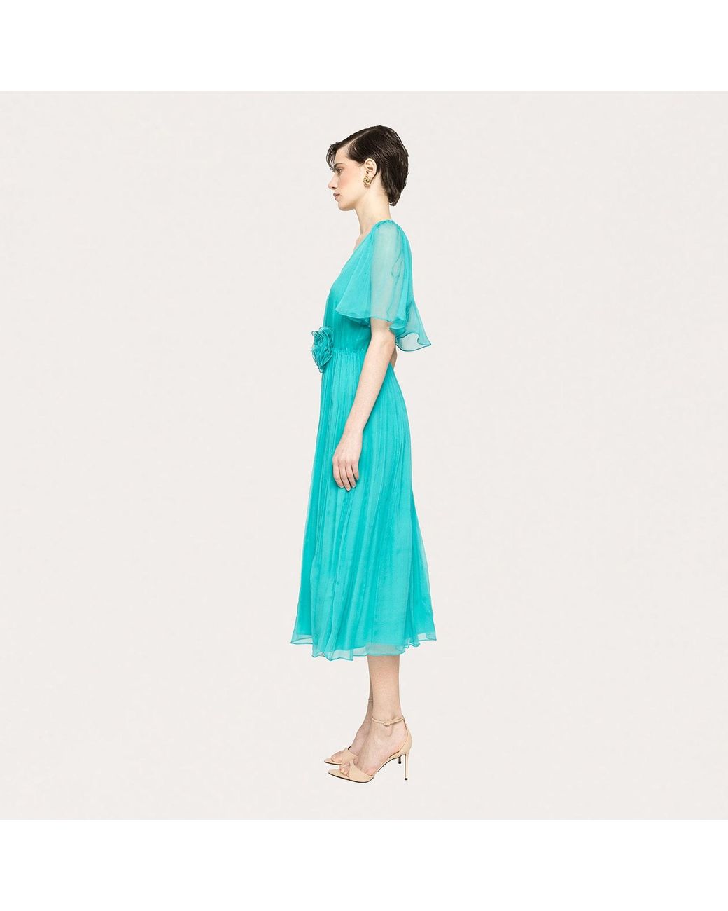 Nissa Blue Floral-Appliqué Silk Midi Dress Aqua