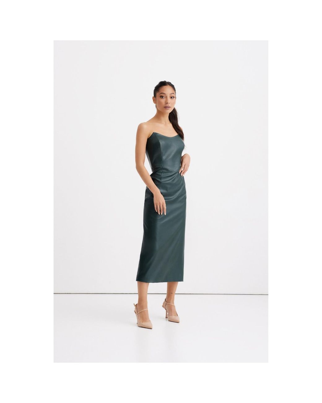Nomi Fame Green Angelina Dark Faux Leather Corset Midi Dress