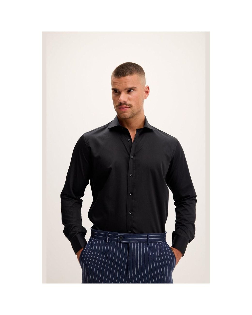 Ron Tomson Black Pure Cotton Spread Collar Fitted Dress Shirt for men