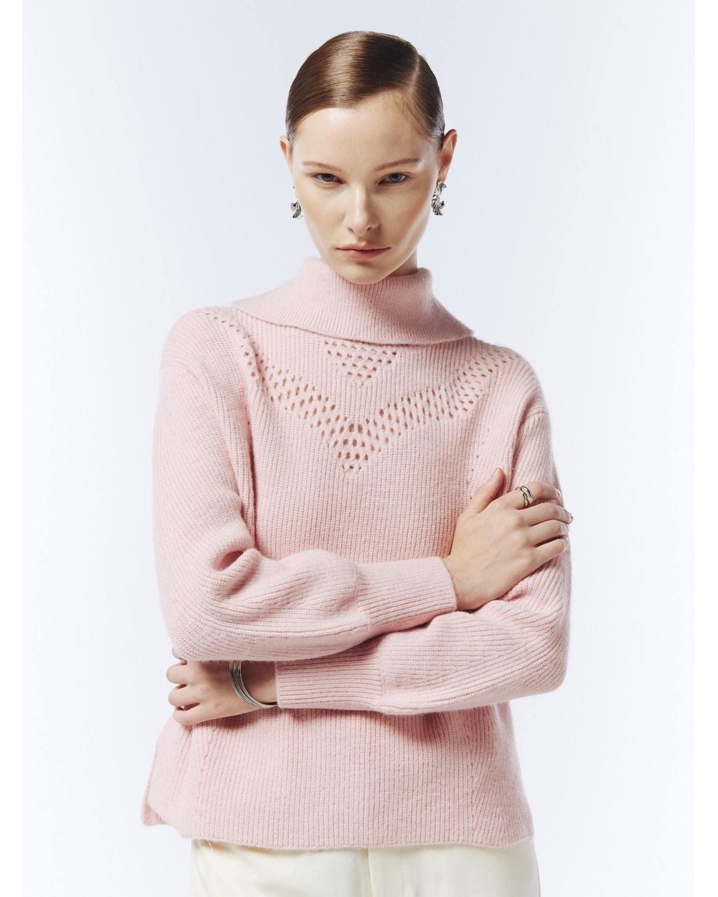 Sour Figs Pink Pointelle-Detail Funnel-Neck Jumper