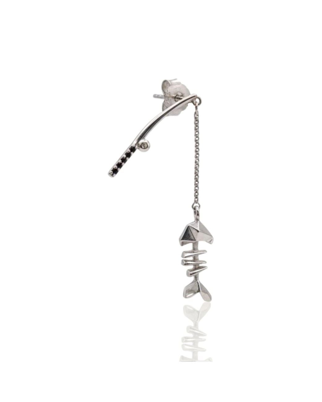 Frenvyrn White Mars Sterling Fishin' Fish Bone Dangle Earring Single For Right Ear for men