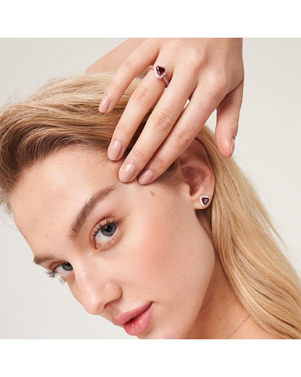 Juvetti Red Diana Ruby Triangle Cut & Diamond Halo Stud Earrings