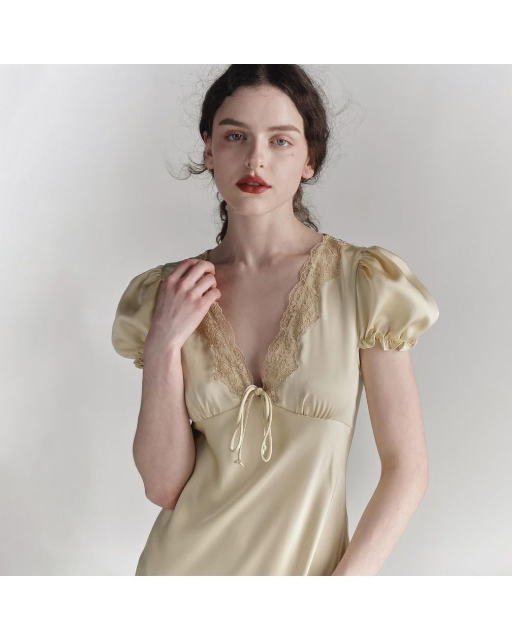 Belsize25 Metallic Lemon Tart Dress – Lace-Trim Bias-Cut Satin Dress