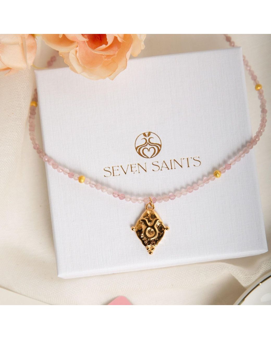 Seven Saints Metallic Taurus Gemstone Choker Necklace, Rose Quartz, Plated
