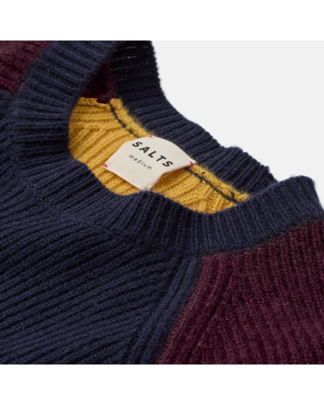 Salts Cashmere Blue Colour Block Fishermens Rib Crew Neck Sweater