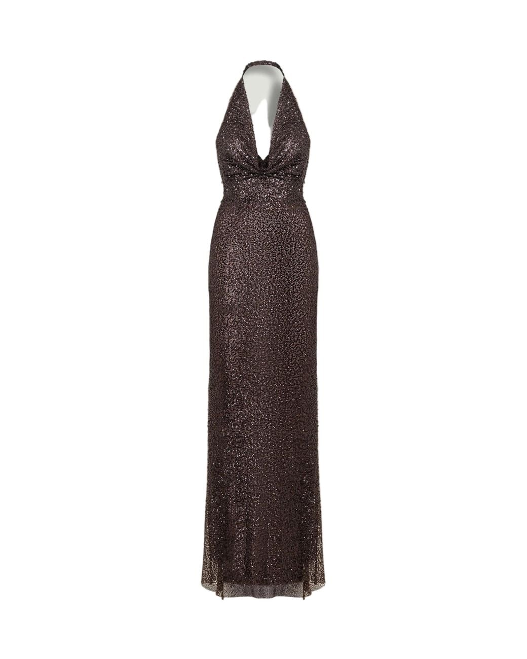 Nocturne Brown Off-Shoulder Sequin Embellished Maxi Dress