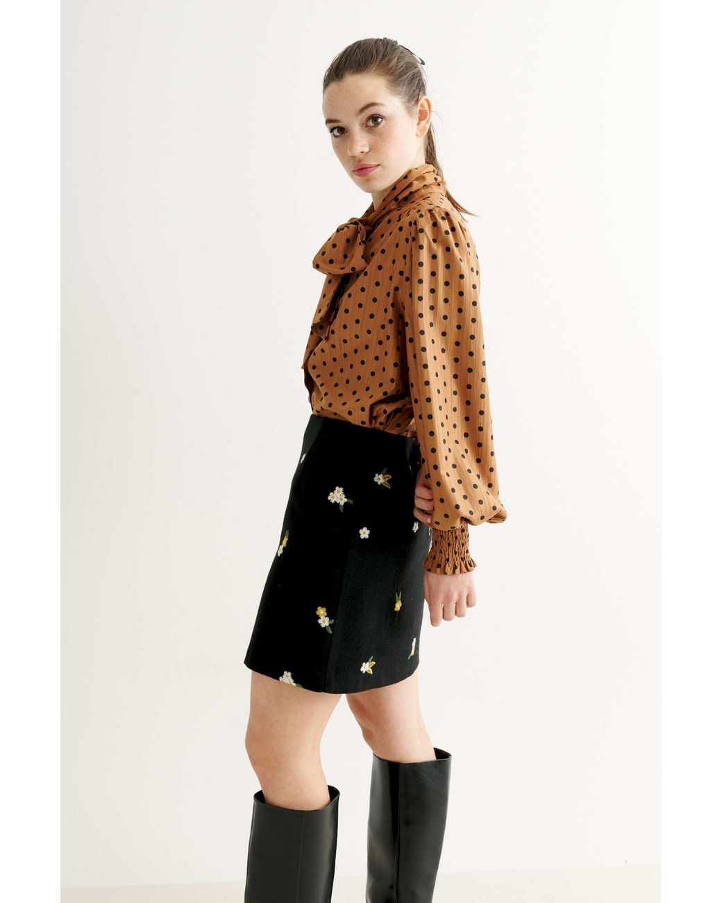 Louche Blue Aubin Daisy Embroidered Tweed A-Line Skirt