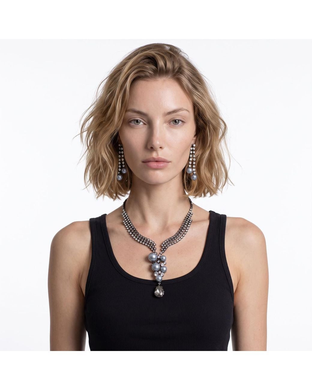 Modenaire Metallic Pearl Crystal Trickling Necklace And Earring Set
