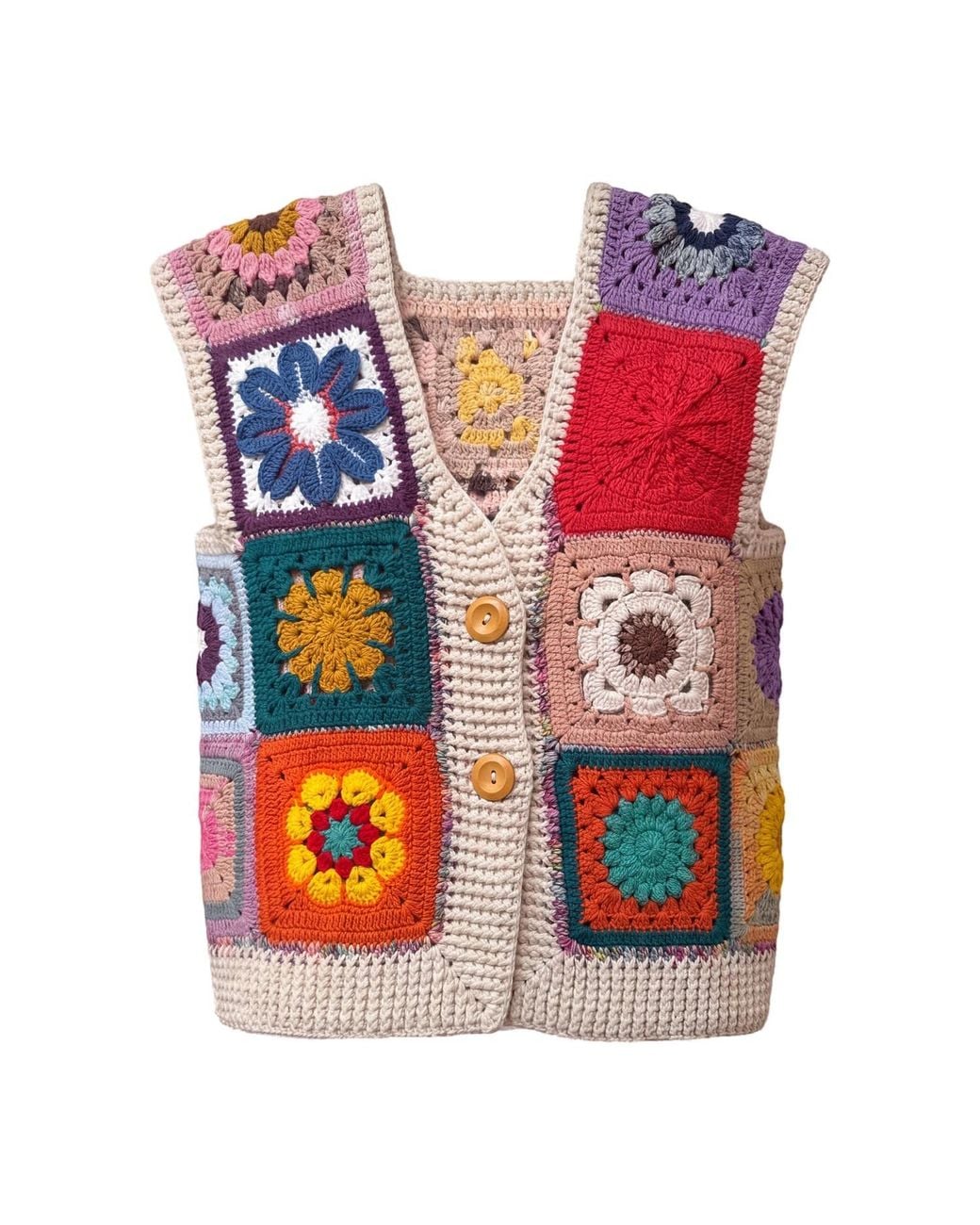 Ana Chic Pink Patchwork Flower Handmade Crochet Waistcoat