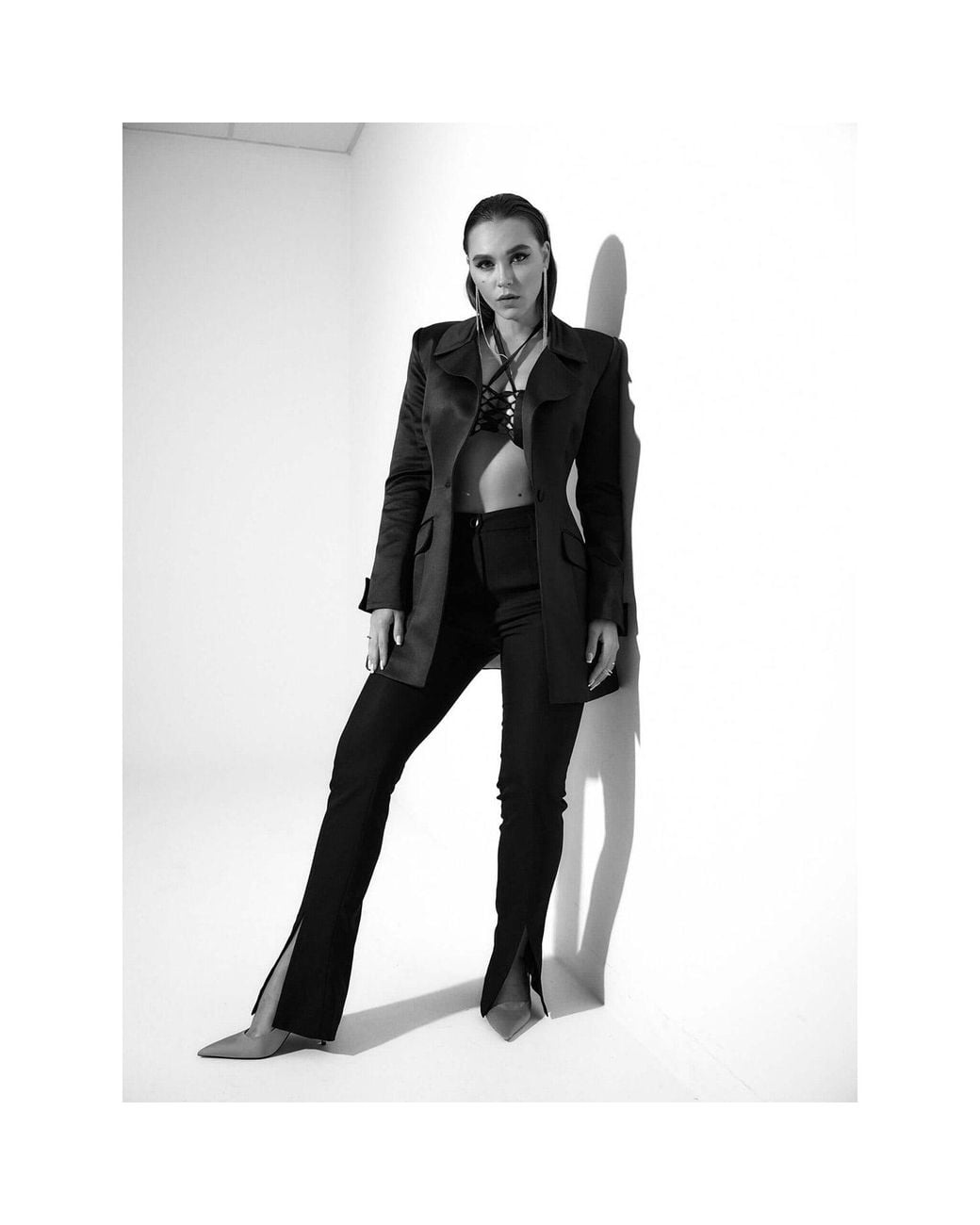 Tia Dorraine Black Midnight Sky Hourglass Satin Blazer
