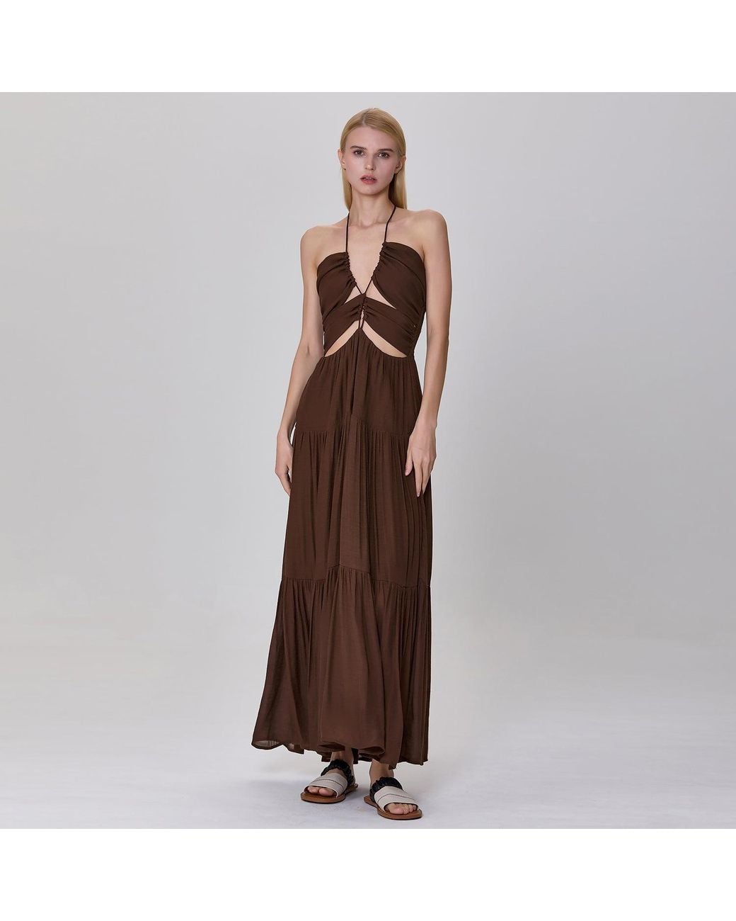 Smart and Joy Brown Front Cut-Out Strappy Maxi Summer Dress