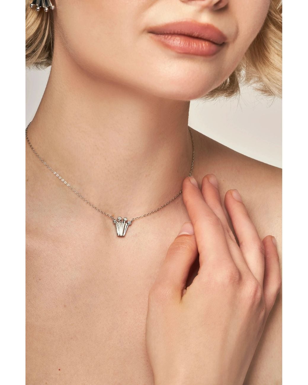 Pearl Code Metallic Crown Pendant Necklace With Diamonds