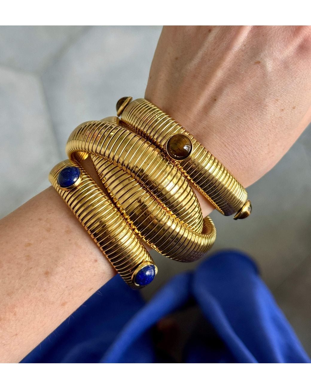 Laura Gray Metallic Tiger's Eye Or Lapis Plate Omega Bracelet