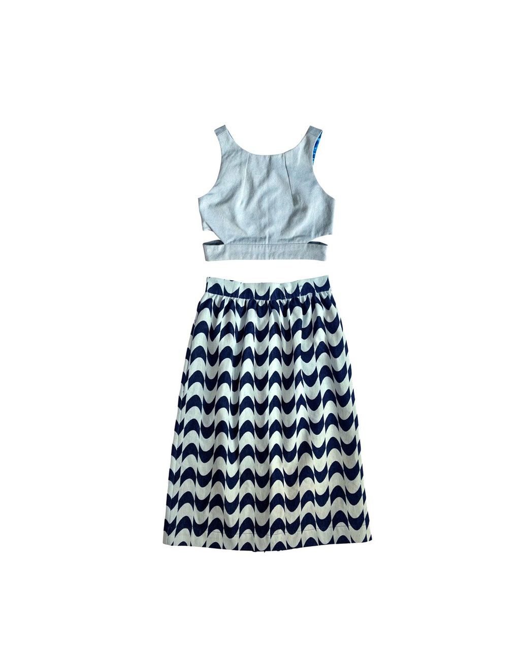 L2R THE LABEL Blue Denim Crop Top With Cut Outs In Washed