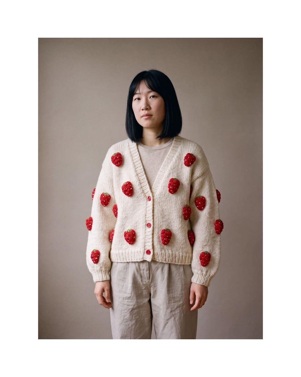 Ana Chic Multicolor Neutrals Strawberry Motif Handmade Knitted Cardigan