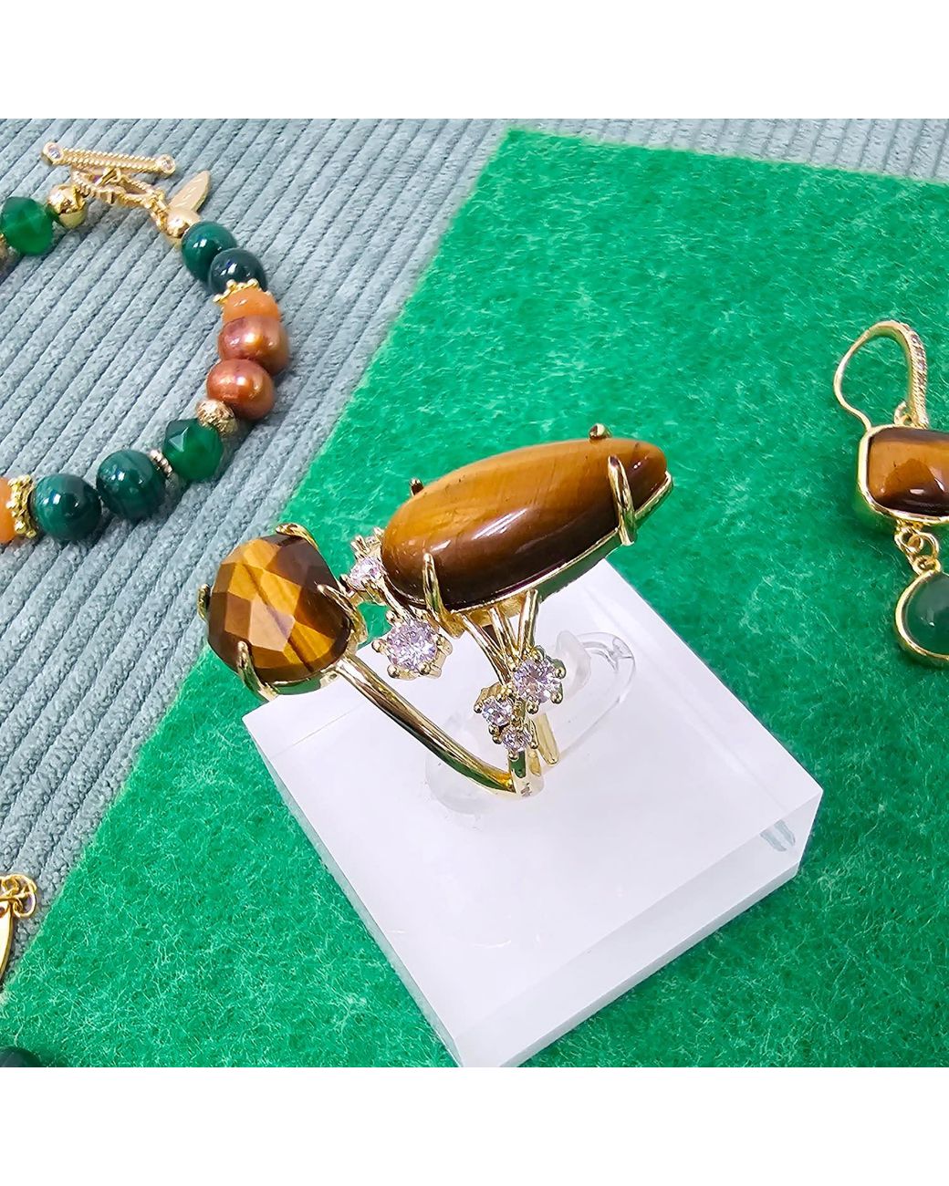 Farra Metallic Tiger-Eye Stone With Zircon Cocktail Ring