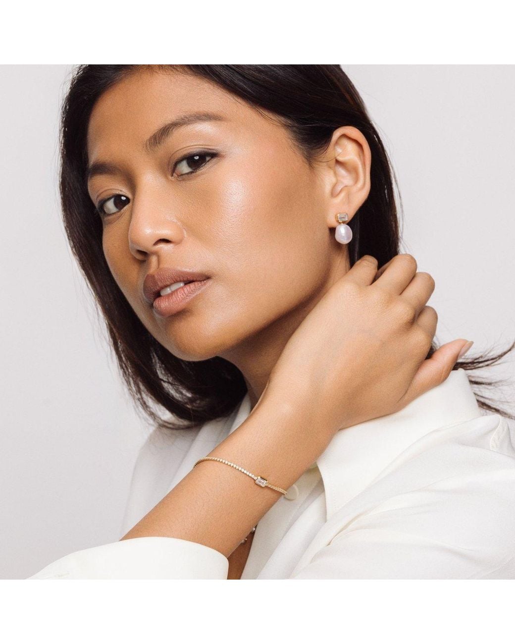 Lulu B London Metallic Pearl Drop Stud Earrings With Baguette Cubic Zirconia