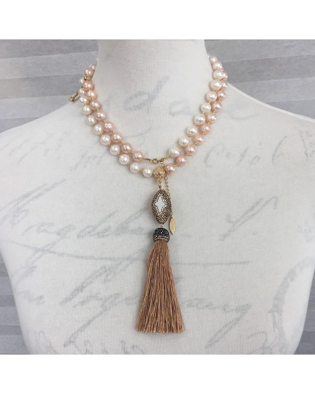 Farra Metallic Freswater Pearls With Rhinestone Tassel Multi-Way Necklace