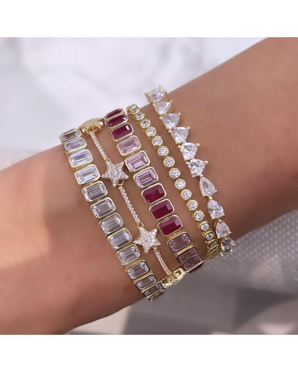 SHYMI Pink Bezel-Set Color Emerald Tennis Bracelet
