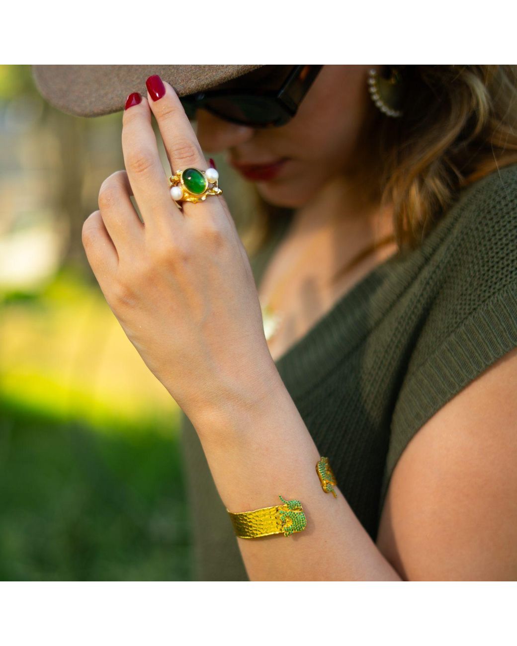 Ebru Jewelry Metallic Guardian Elephant Emerald Cuff Bracelet