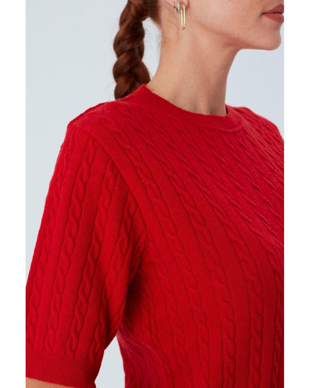 Peraluna Red Nicole Cable Knit Cashmere Blend Short Sleeve Blouse