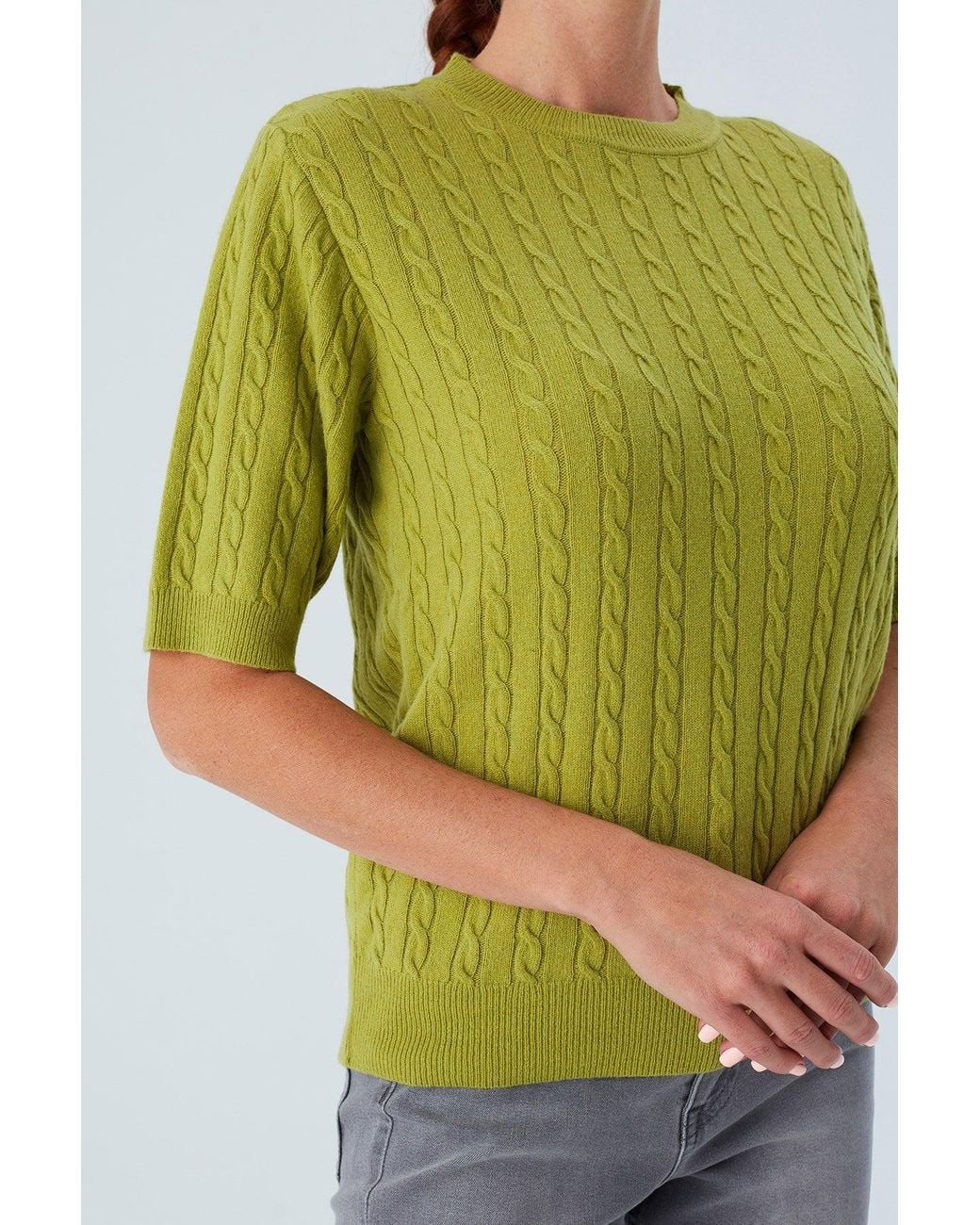 Peraluna Green Nicole Cable Knit Cashmere Blend Short Sleeve Blouse