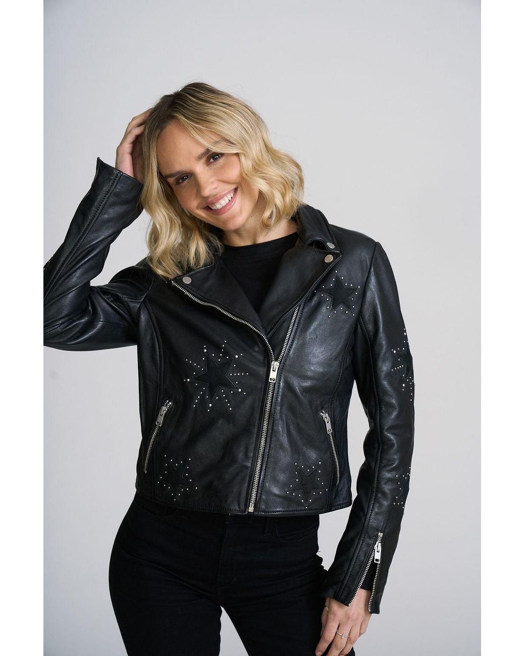 Mauritius Black Leather Moto Jacket With Star Appliqués & Studs Soraya